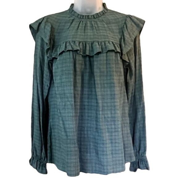 Universal Threads Green/Blue Plaid Ruffled Shirt Sz Small Prairie Cottagecore - Picture 9 of 14